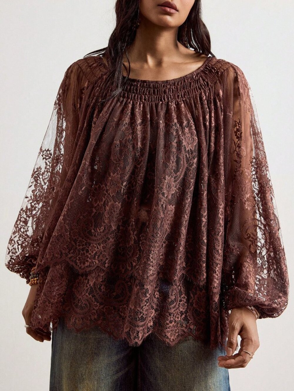 Brown Elegant Women's Ruched Knot Sheer Double Layer Bishop Top